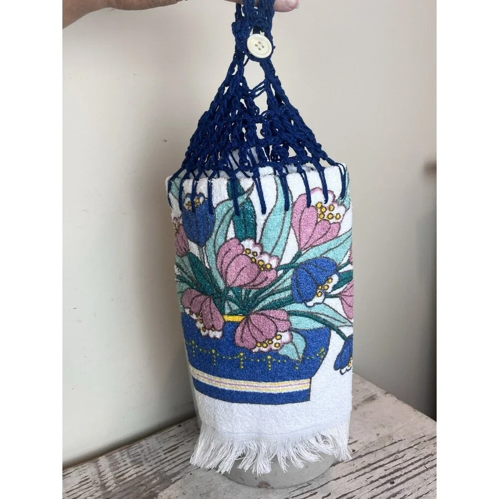 Vintage Crocheted Top Terrycloth Kitchen Hand Towel Florals Blues Pinks Retro